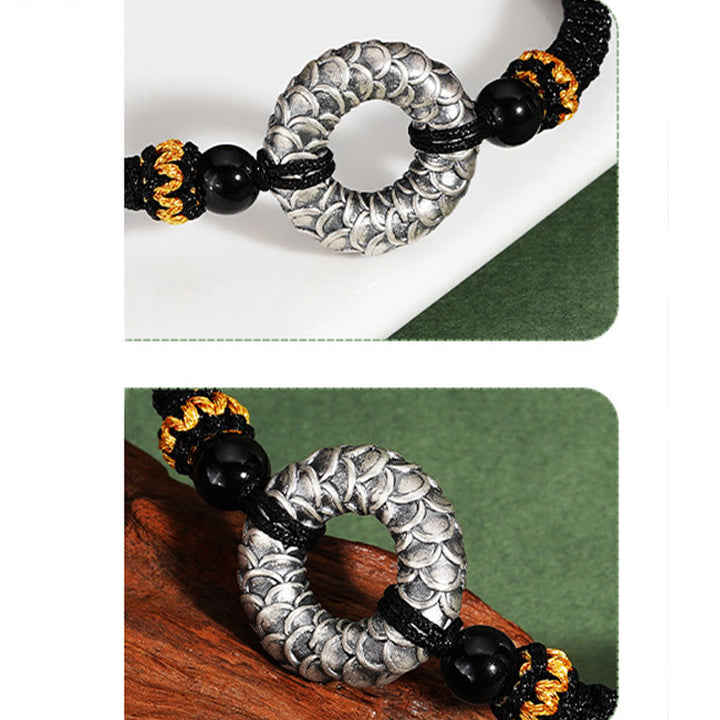 Bracelet tressé porte-bonheur en argent sterling 999 avec onyx noir et Buddha Stones fait à la main