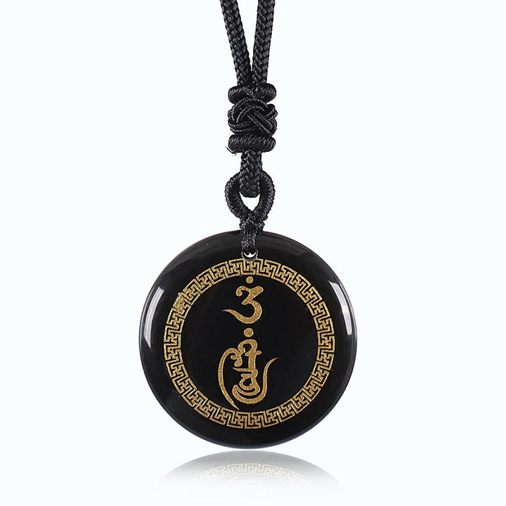 Collier pendentif en obsidienne noire avec Buddha Stones et motif svastika, protection Vajra, mantra, cristal naturel, purification
