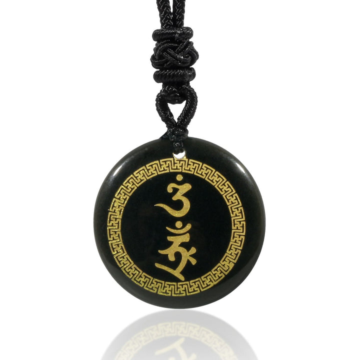 Collier pendentif en obsidienne noire avec Buddha Stones entourant le motif de croix gammée Vajra Protection Mantra Naturel Divers cristaux