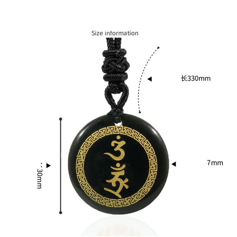 Collier pendentif en obsidienne noire avec Buddha Stones entourant le motif de croix gammée Vajra Protection Mantra Naturel Divers cristaux