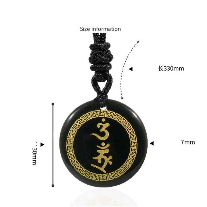 Collier pendentif en obsidienne noire avec Buddha Stones entourant le motif de croix gammée Vajra Protection Mantra Naturel Divers cristaux