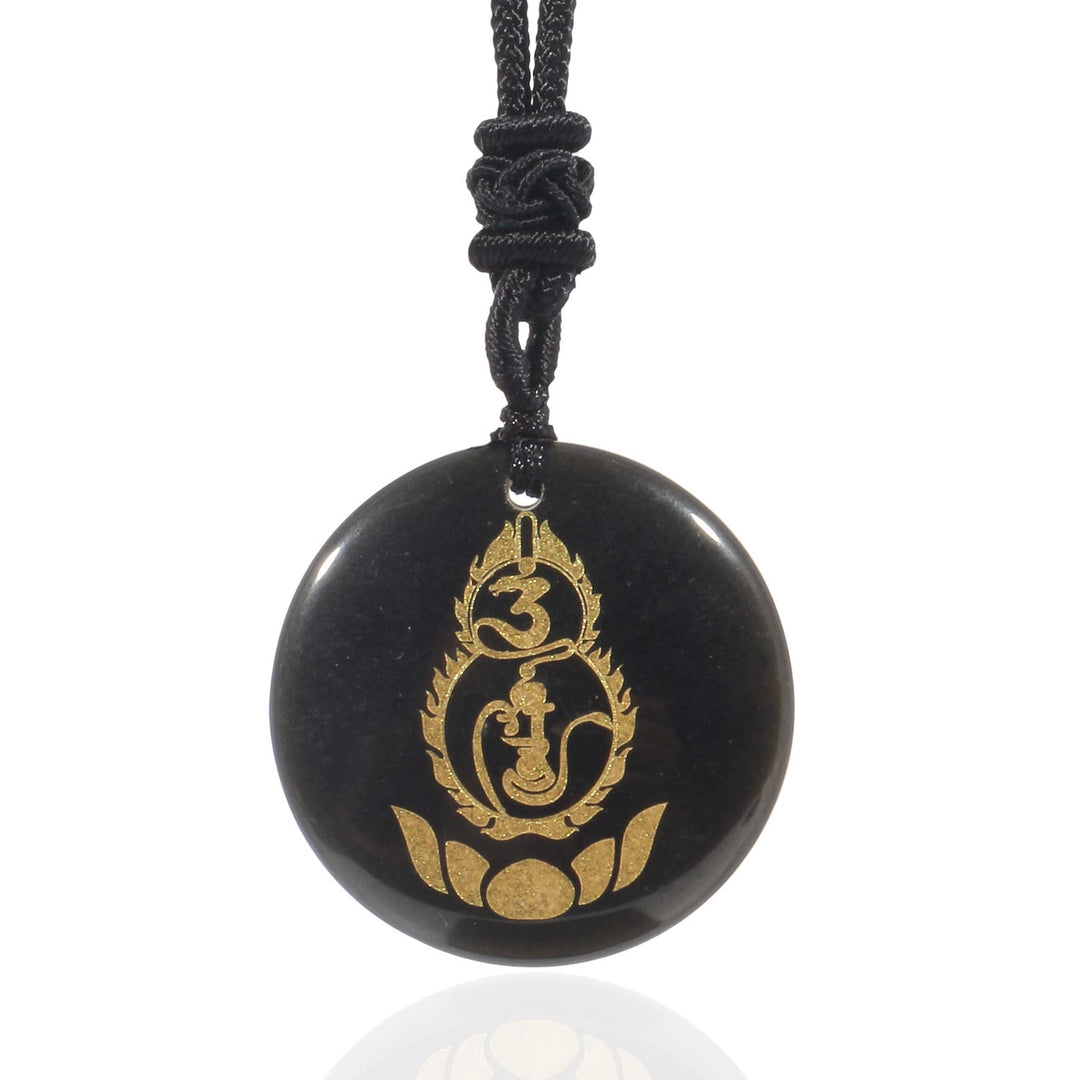 Collier pendentif en obsidienne noire en cristal naturel avec Buddha Stones et motif de piédestal en forme de gourde et de lotus - Obsidienne noire - image 1