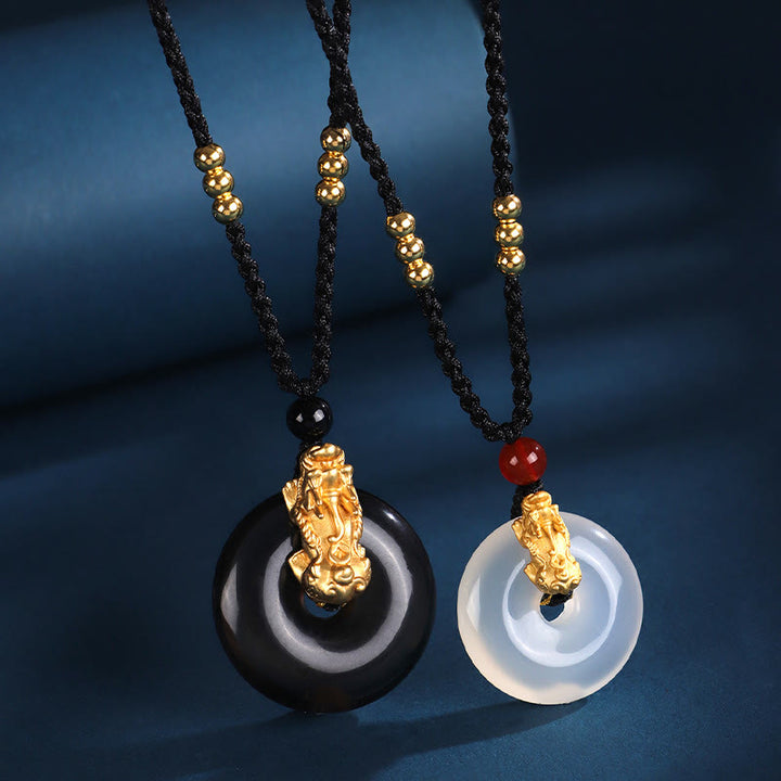 Buddha Stones pendentif fortune PiXiu en argent sterling 999 avec boucle de paix en agate blanche et onyx noir - image 1