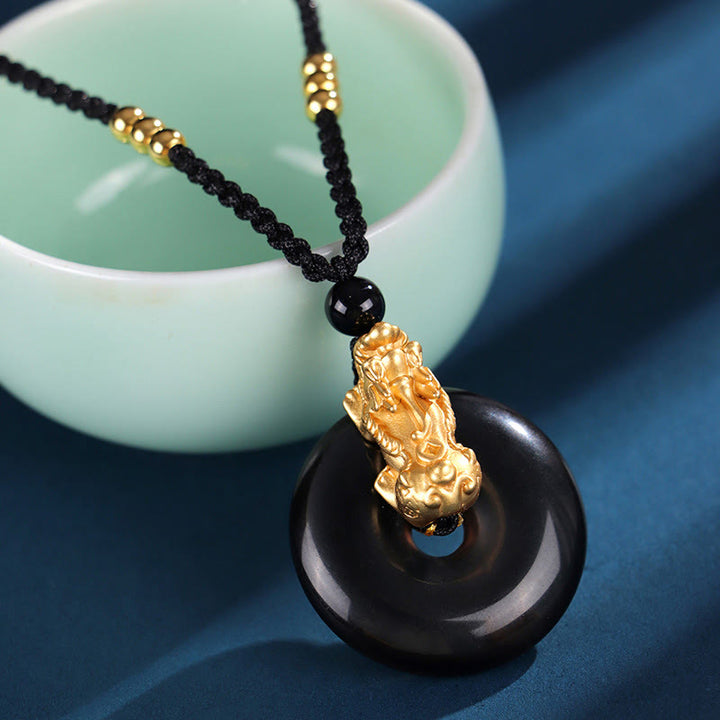 Buddha Stones pendentif fortune PiXiu en argent sterling 999 avec boucle de paix en agate blanche et onyx noir - PiXiu en argent sterling 999 et onyx noir (longueur : environ 36 cm) - image 2