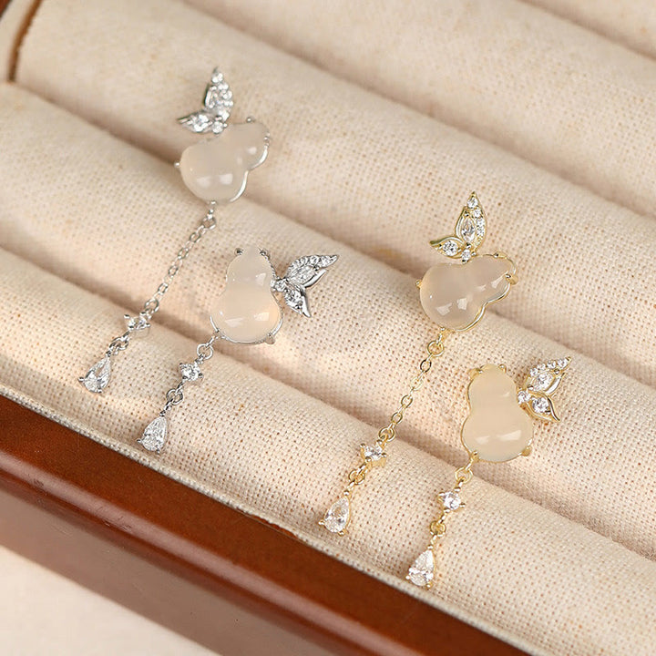 Boucles d'oreilles porte-bonheur en argent sterling 925 avec calcédoine magnolia et jade Hetian Buddha Stones