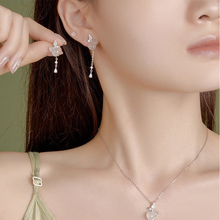Boucles d'oreilles porte-bonheur en argent sterling 925 avec calcédoine magnolia et jade Hetian Buddha Stones