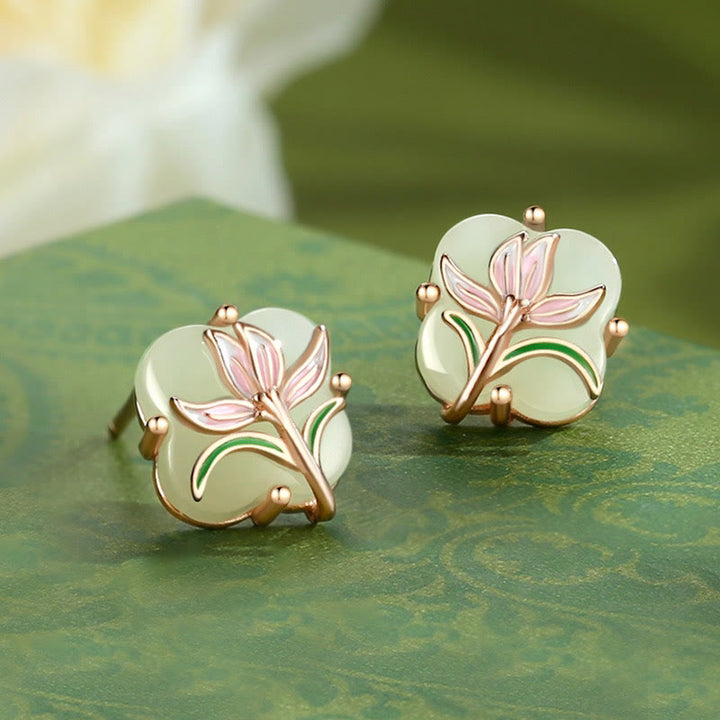 Boucles d'oreilles porte-bonheur en argent sterling 925 avec calcédoine magnolia et jade Hetian Buddha Stones