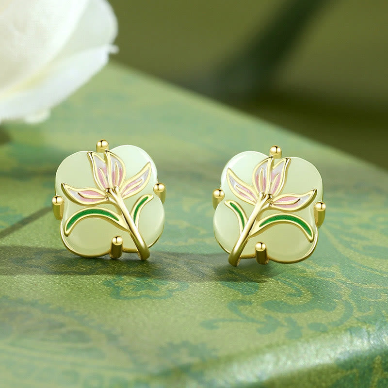 Boucles d'oreilles porte-bonheur en argent sterling 925 avec calcédoine magnolia et jade Hetian Buddha Stones