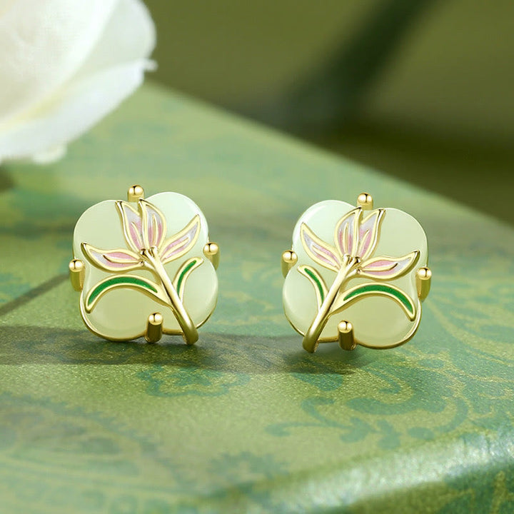 Boucles d'oreilles porte-bonheur en argent sterling 925 avec calcédoine magnolia et jade Hetian Buddha Stones