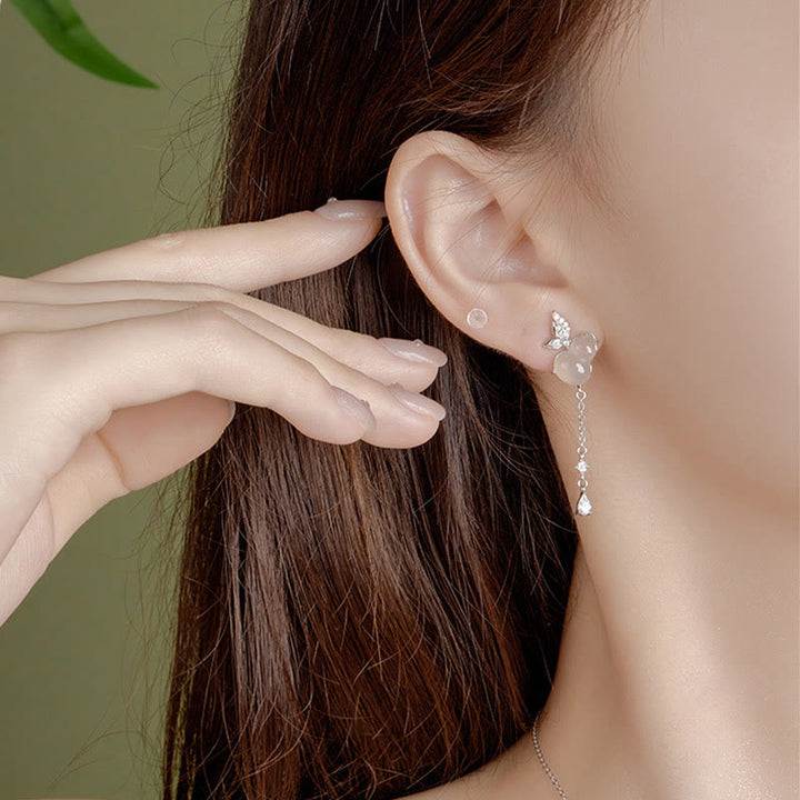 Boucles d'oreilles porte-bonheur en argent sterling 925 avec calcédoine magnolia et jade Hetian Buddha Stones