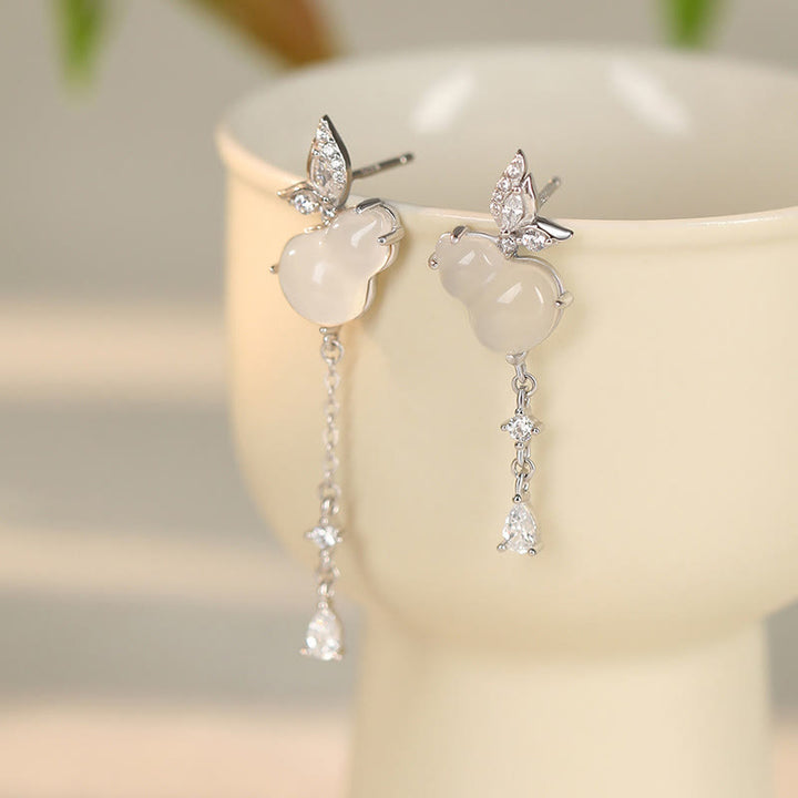 Boucles d'oreilles porte-bonheur en argent sterling 925 avec calcédoine magnolia et jade Hetian Buddha Stones