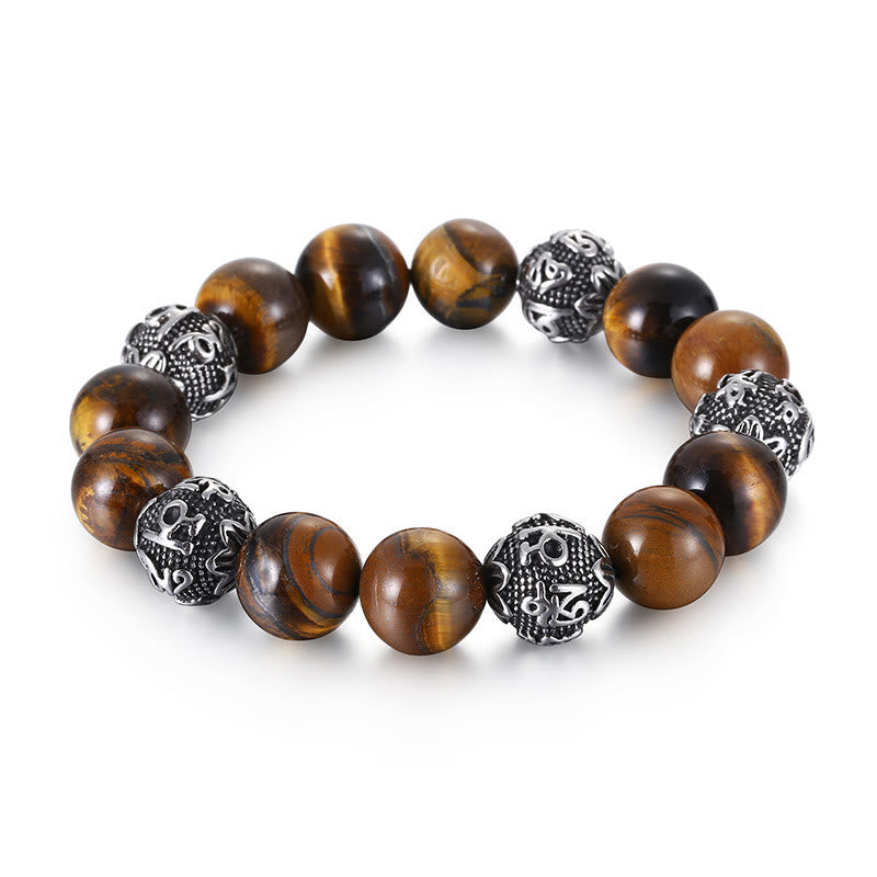 Bracelet de guérison Om Mani Padme Hum en acier titane et pierre de Buddha Stones naturelle avec œil de tigre et six mots vrais