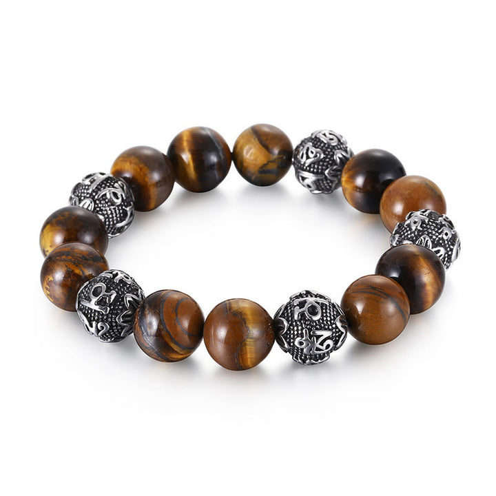 Bracelet de guérison Om Mani Padme Hum en acier titane et pierre de Buddha Stones naturelle avec œil de tigre et six mots vrais