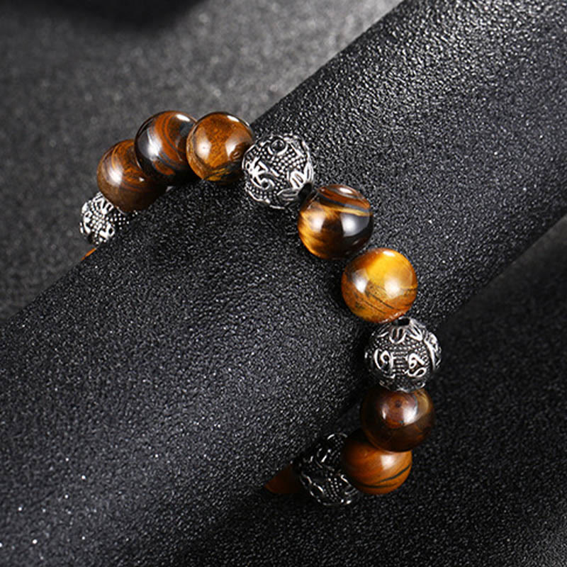 Bracelet de guérison Om Mani Padme Hum en acier titane et pierre de Buddha Stones naturelle avec œil de tigre et six mots vrais
