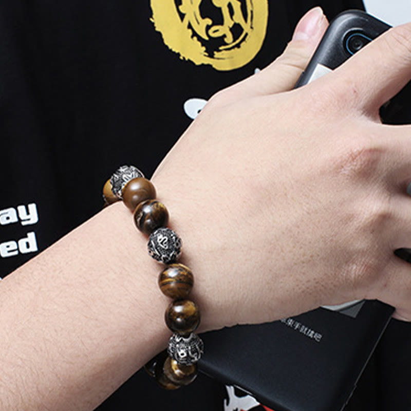 Bracelet de guérison Om Mani Padme Hum en acier titane et pierre de Buddha Stones naturelle avec œil de tigre et six mots vrais