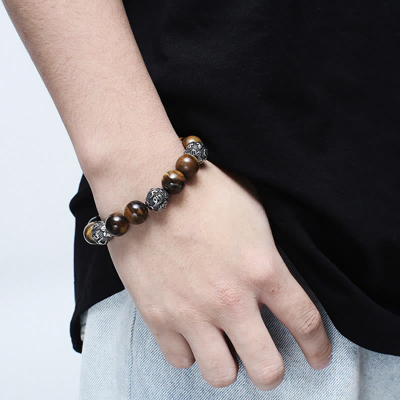 Bracelet de guérison Om Mani Padme Hum en acier titane et pierre de Buddha Stones naturelle avec œil de tigre et six mots vrais