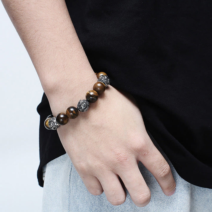 Bracelet de guérison Om Mani Padme Hum en acier titane et pierre de Buddha Stones naturelle avec œil de tigre et six mots vrais