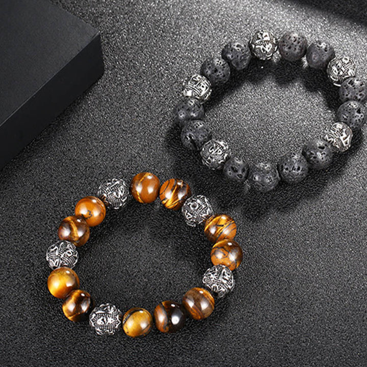 Bracelet de guérison Om Mani Padme Hum en acier titane et pierre de Buddha Stones naturelle avec œil de tigre et six mots vrais