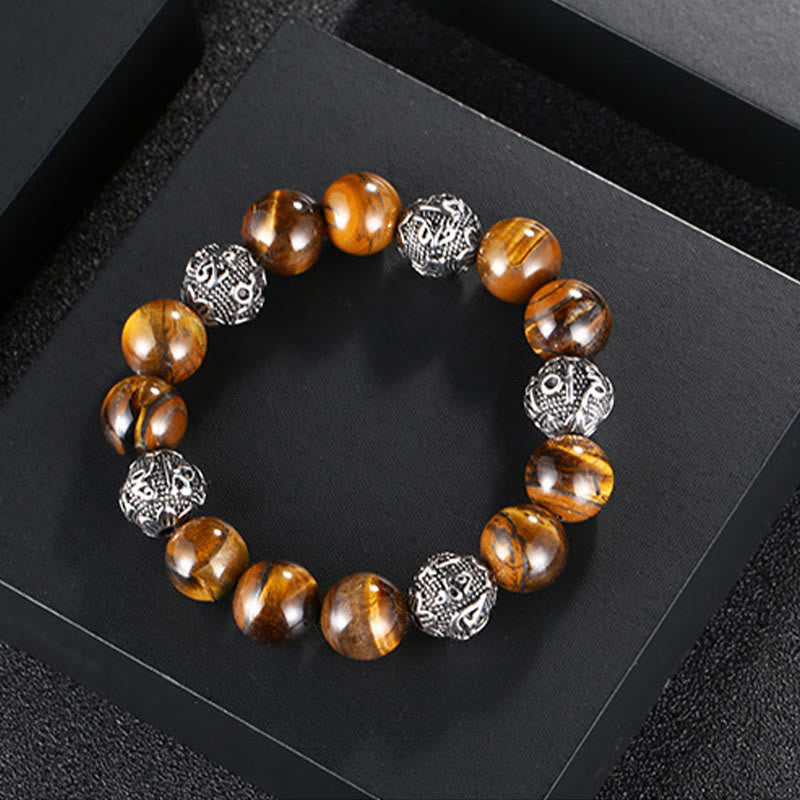 Bracelet de guérison Om Mani Padme Hum en acier titane et pierre de Buddha Stones naturelle avec œil de tigre et six mots vrais