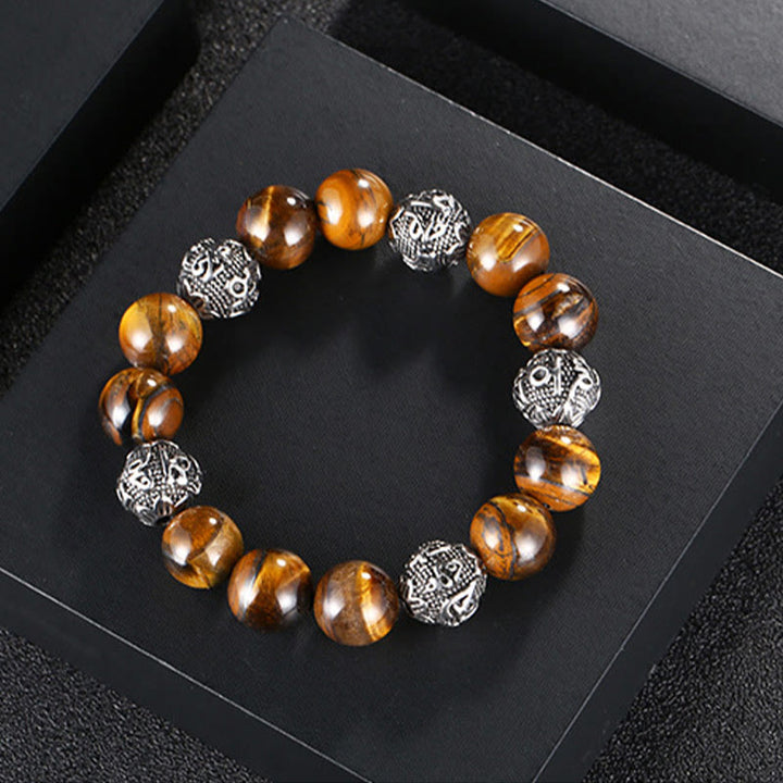 Bracelet de guérison Om Mani Padme Hum en acier titane et pierre de Buddha Stones naturelle avec œil de tigre et six mots vrais