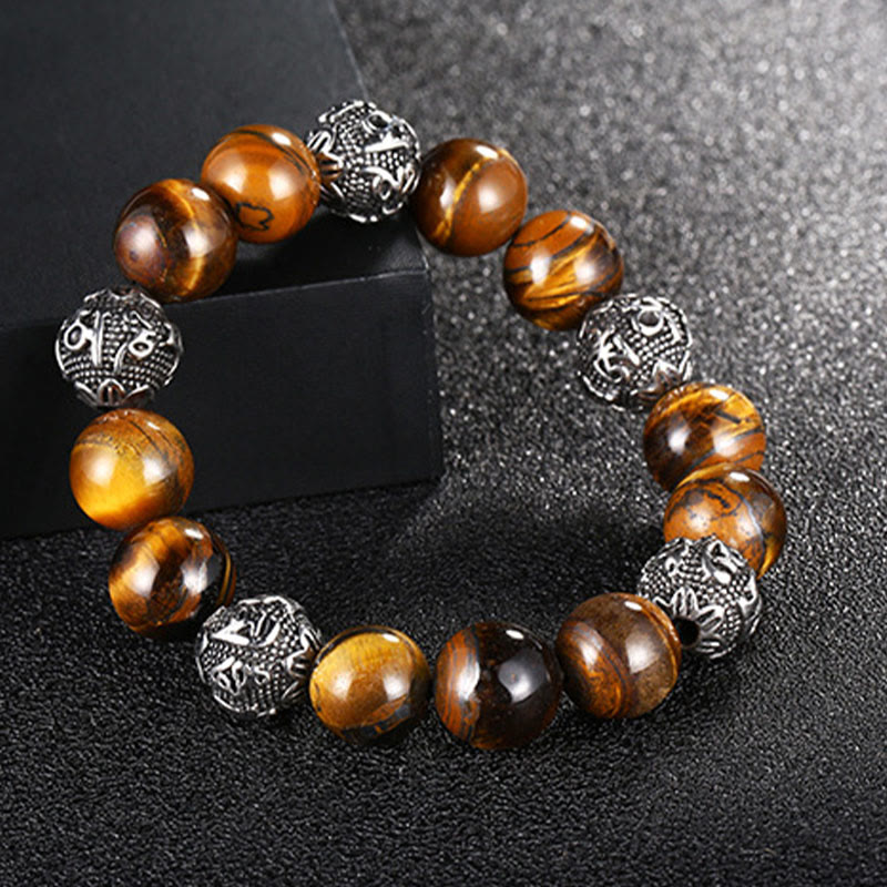 Bracelet de guérison Om Mani Padme Hum en acier titane et pierre de Buddha Stones naturelle avec œil de tigre et six mots vrais