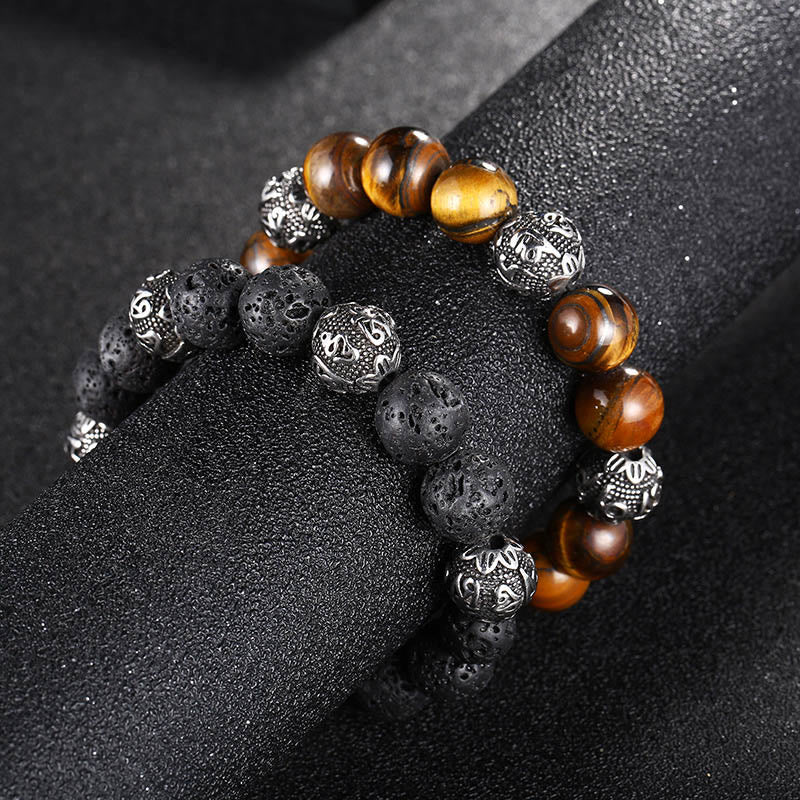Bracelet de guérison Om Mani Padme Hum en acier titane et pierre de Buddha Stones naturelle avec œil de tigre et six mots vrais