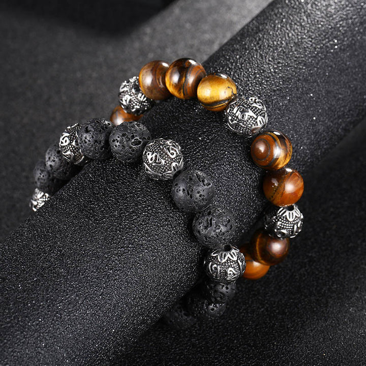 Bracelet de guérison Om Mani Padme Hum en acier titane et pierre de Buddha Stones naturelle avec œil de tigre et six mots vrais