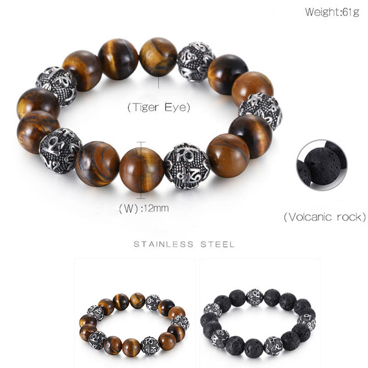 Bracelet de guérison Om Mani Padme Hum en acier titane et pierre de Buddha Stones naturelle avec œil de tigre et six mots vrais