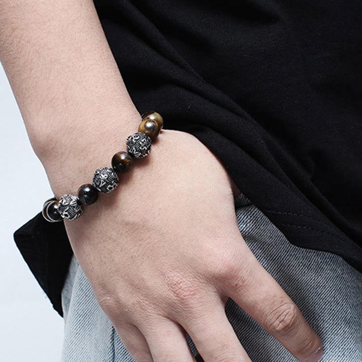 Bracelet de protection Om Mani Padme Hum en Buddha Stones et pierre de lave naturelle œil de tigre et obsidienne noire