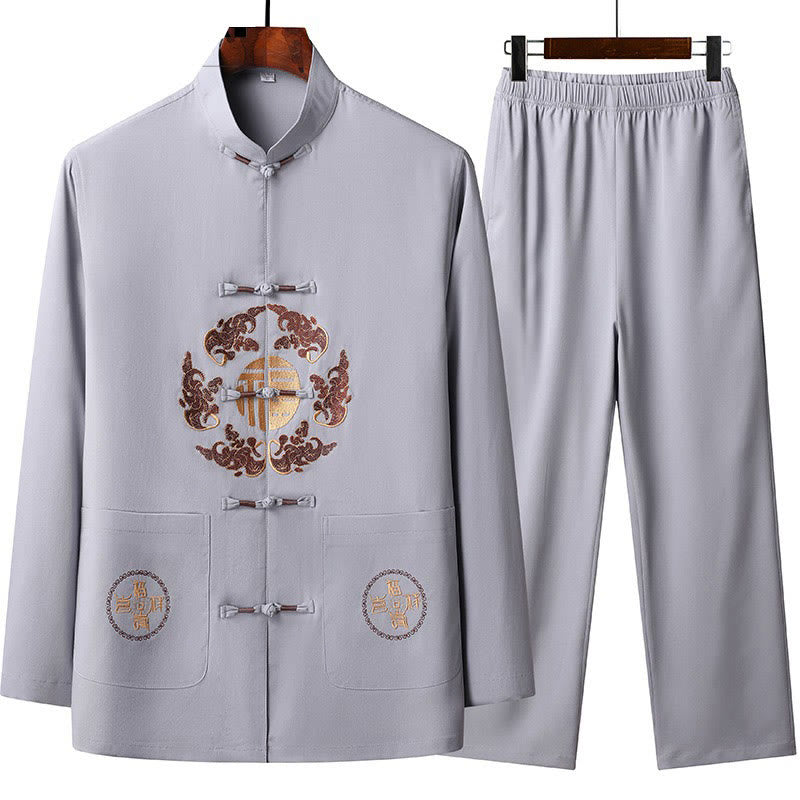 Costume Fu Tang brodé avec Buddha Stones pour le Nouvel An chinois, haut à manches longues et pantalon Hanfu, ensemble pour hommes - Chardon - US/UK/AU44，EU54 (4XL) - image 1