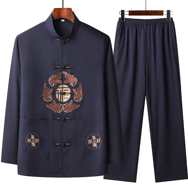 Costume Fu Tang brodé avec Buddha Stones pour le Nouvel An chinois, haut à manches longues et pantalon Hanfu, ensemble pour hommes - Bleu nuit - US/UK/AU44，EU54 (4XL) - image 2