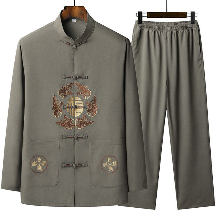 Costume Fu Tang brodé avec Buddha Stones pour le Nouvel An chinois, haut à manches longues et pantalon Hanfu, ensemble pour hommes - OliveDrab - US/UK/AU44，EU54 (4XL) - image 3