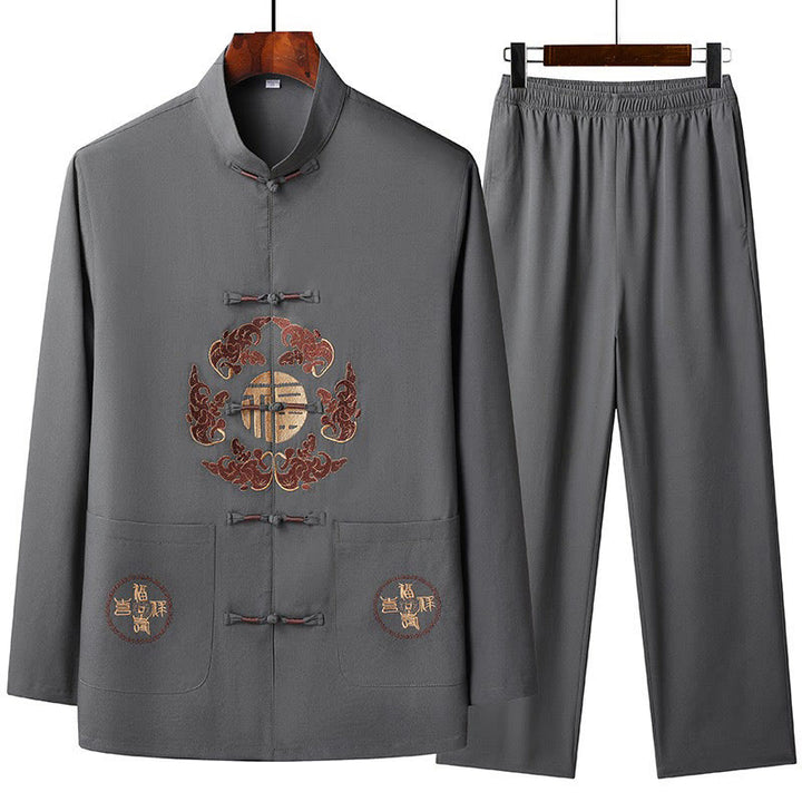 Costume Fu Tang brodé avec Buddha Stones pour le Nouvel An chinois, haut à manches longues et pantalon Hanfu, ensemble pour hommes - DimGray - US/UK/AU44，EU54 (4XL) - image 4