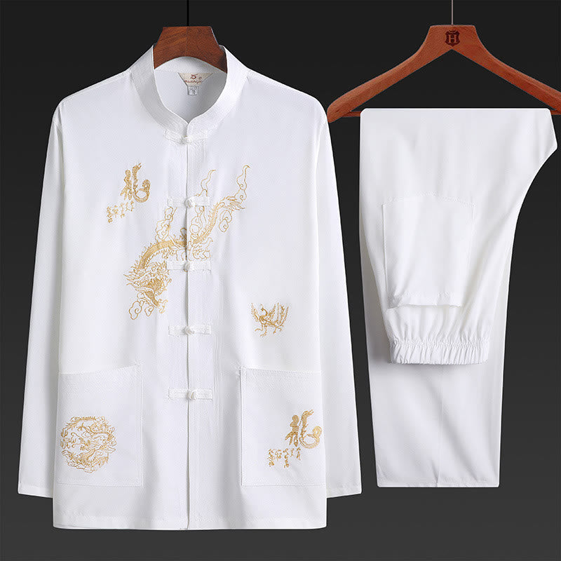 Costume Tang brodé de dragon et de grenouille pour le Nouvel An chinois , Buddha Stones, uniforme traditionnel Hanfu, haut à manches longues et pantalon, ensemble pour hommes - Blanc - US/UK/AU42，EU52 (3XL) - image 1