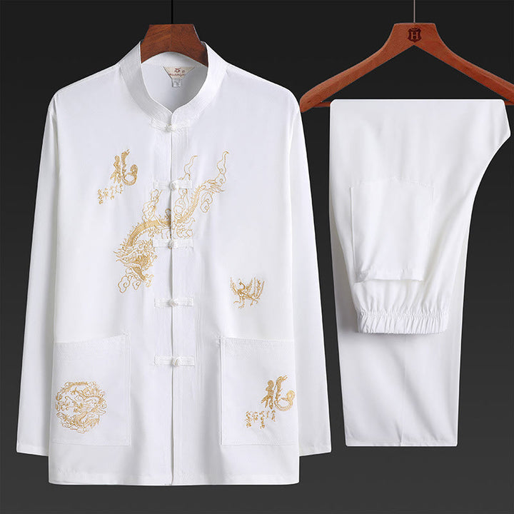 Costume Tang brodé de dragon et de grenouille pour le Nouvel An chinois , Buddha Stones, uniforme traditionnel Hanfu, haut à manches longues et pantalon, ensemble pour hommes - Blanc - US/UK/AU42，EU52 (3XL) - image 1