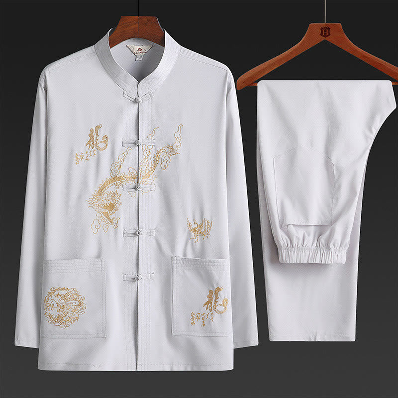 Costume Tang brodé de dragon et de grenouille pour le Nouvel An chinois , Buddha Stones, uniforme traditionnel Hanfu, haut à manches longues et pantalon, ensemble pour hommes - WhiteSmoke - US/UK/AU42，EU52 (3XL) - image 5
