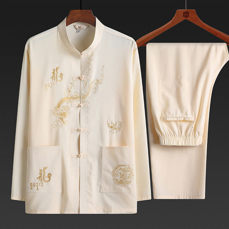 Costume Tang brodé de dragon et de grenouille pour le Nouvel An chinois , Buddha Stones, uniforme traditionnel Hanfu, haut à manches longues et pantalon, ensemble pour hommes - LemonChiffon - US/UK/AU42，EU52 (3XL) - image 2