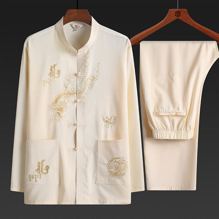 Costume Tang brodé de dragon et de grenouille pour le Nouvel An chinois , Buddha Stones, uniforme traditionnel Hanfu, haut à manches longues et pantalon, ensemble pour hommes - LemonChiffon - US/UK/AU42，EU52 (3XL) - image 2