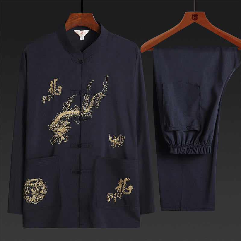 Costume Tang brodé de dragon et de grenouille pour le Nouvel An chinois , Buddha Stones, uniforme traditionnel Hanfu, haut à manches longues et pantalon, ensemble pour hommes - Bleu nuit - US/UK/AU42，EU52 (3XL) - image 4