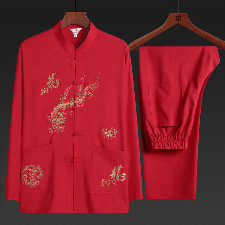 Costume Tang brodé de dragon et de grenouille pour le Nouvel An chinois , Buddha Stones, uniforme traditionnel Hanfu, haut à manches longues et pantalon, ensemble pour hommes - Rouge - US/UK/AU42，EU52 (3XL) - image 0