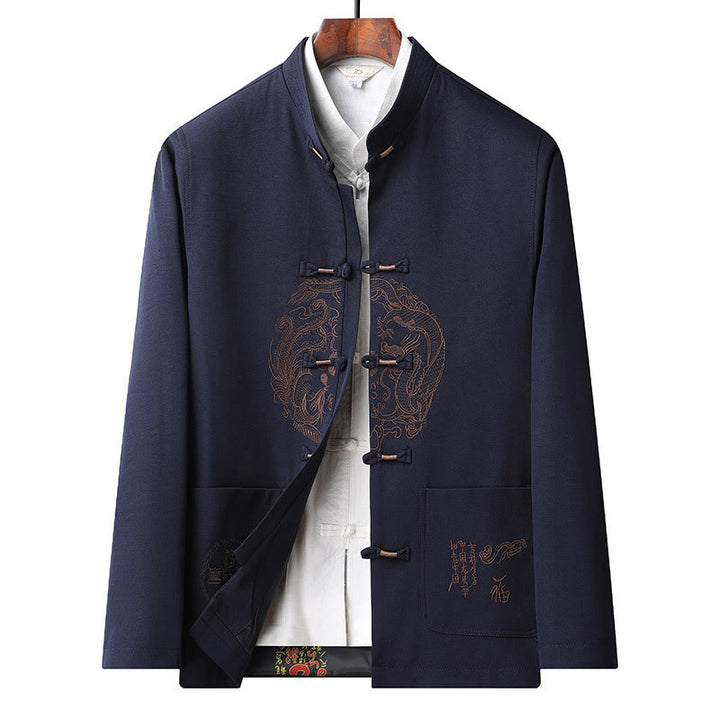 Costume Tang brodé avec Buddha Stones pour le Nouvel An chinois, uniforme traditionnel Hanfu, haut à manches longues et pantalon, ensemble pour hommes - Haut bleu foncé - US/UK/AU46，EU56 (5XL) - image 16