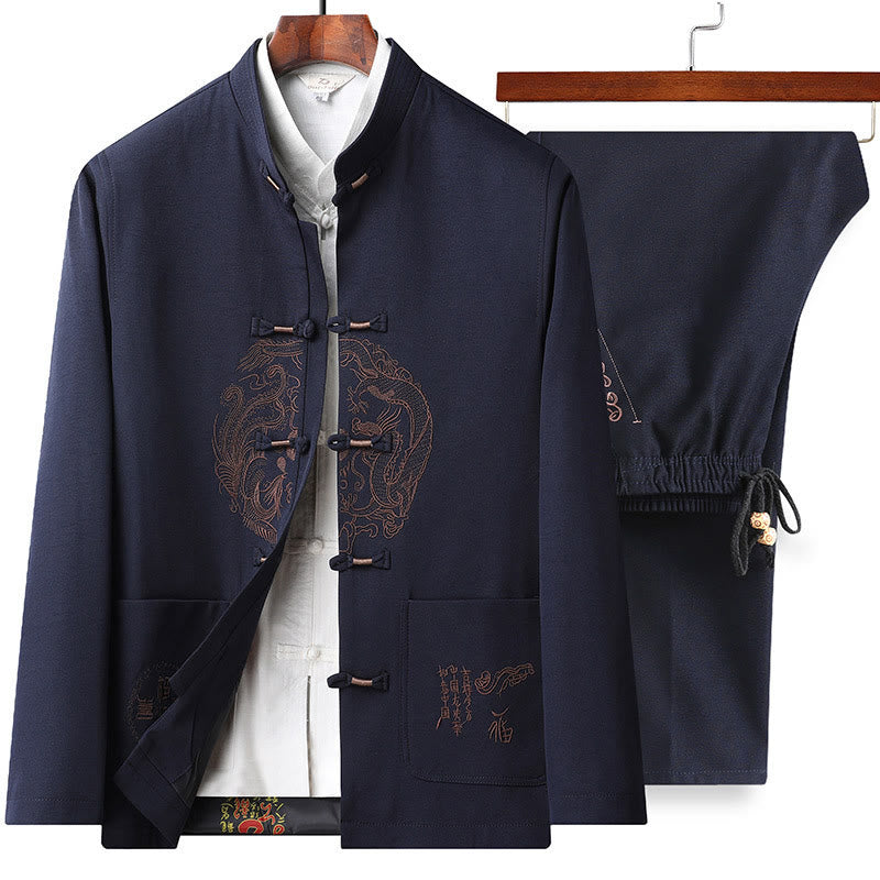 Costume Tang brodé avec Buddha Stones pour le Nouvel An chinois, uniforme traditionnel Hanfu, haut à manches longues et pantalon, ensemble pour hommes - Haut et pantalon bleu foncé - US/UK/AU46，EU56 (5XL) - image 2