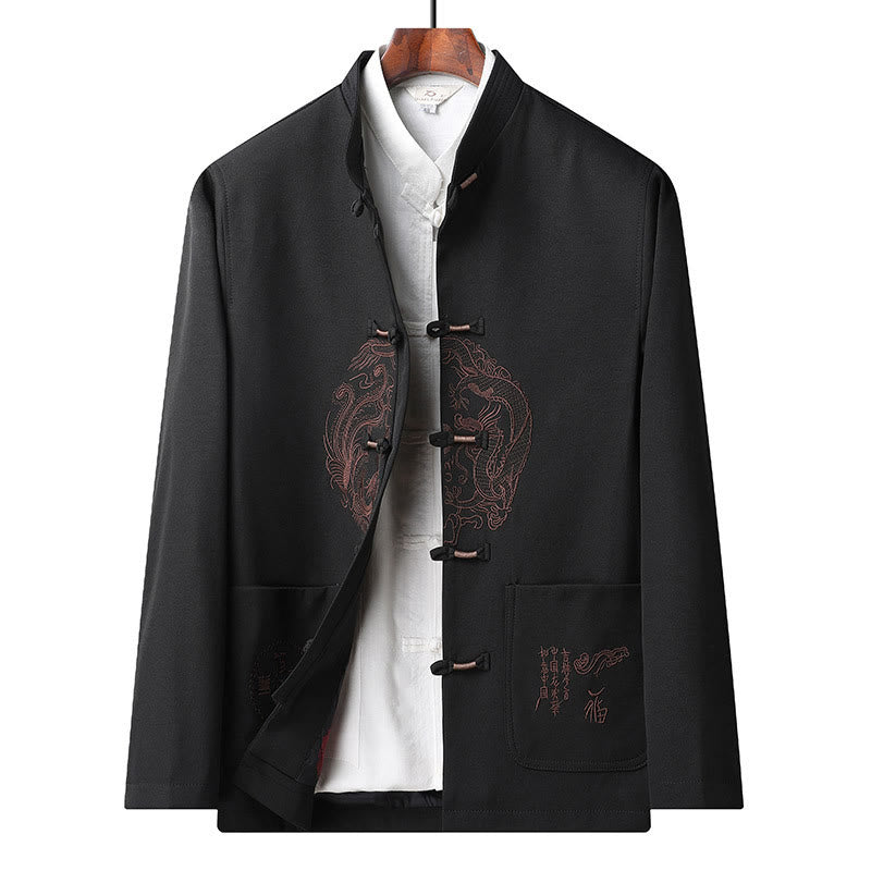 Costume Tang brodé avec Buddha Stones pour le Nouvel An chinois, uniforme traditionnel Hanfu, haut à manches longues et pantalon, ensemble pour hommes - Haut noir - US/UK/AU46，EU56 (5XL) - image 17