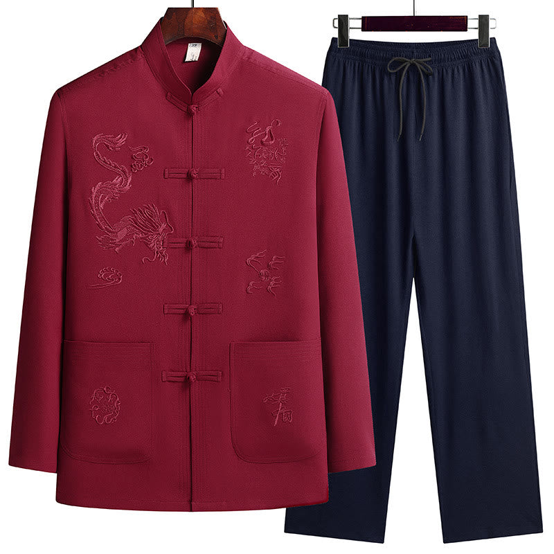 Costume Tang brodé de dragon et de grenouille pour homme, ensemble haut à manches longues et pantalon, style Hanfu , Nouvel An chinois - Rouge - US/UK/AU44，EU54 (4XL) - image 0