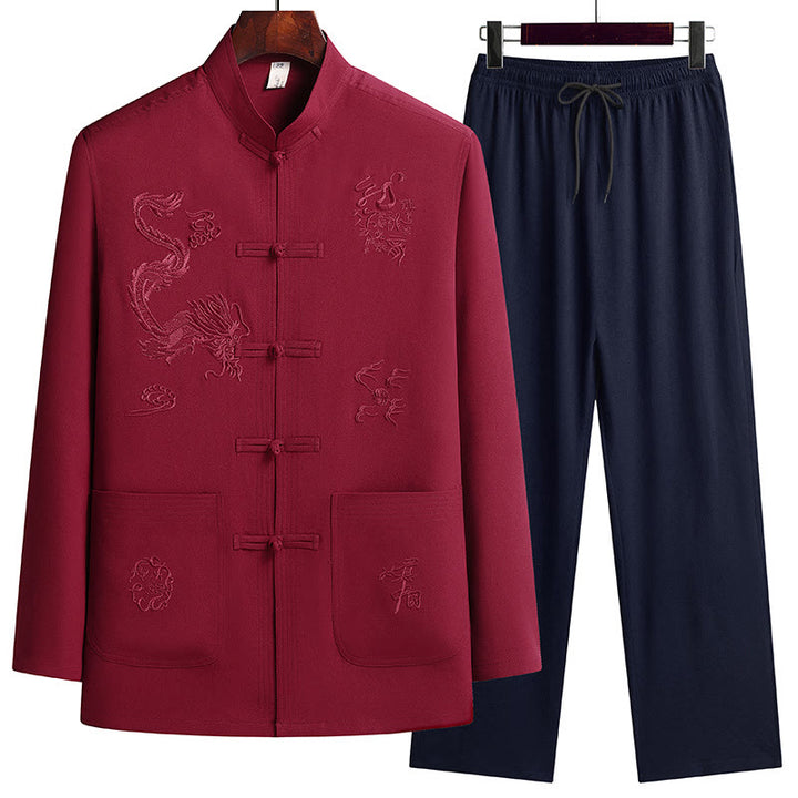 Costume Tang brodé de dragon et de grenouille pour homme, ensemble haut à manches longues et pantalon, style Hanfu , Nouvel An chinois - Rouge - US/UK/AU44，EU54 (4XL) - image 0