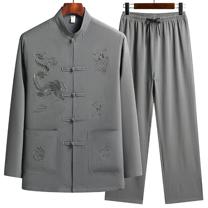 Costume Tang brodé de dragon et de grenouille pour homme, ensemble haut à manches longues et pantalon, style Hanfu , Nouvel An chinois - Vert foncé - US/UK/AU44，EU54 (4XL) - image 15