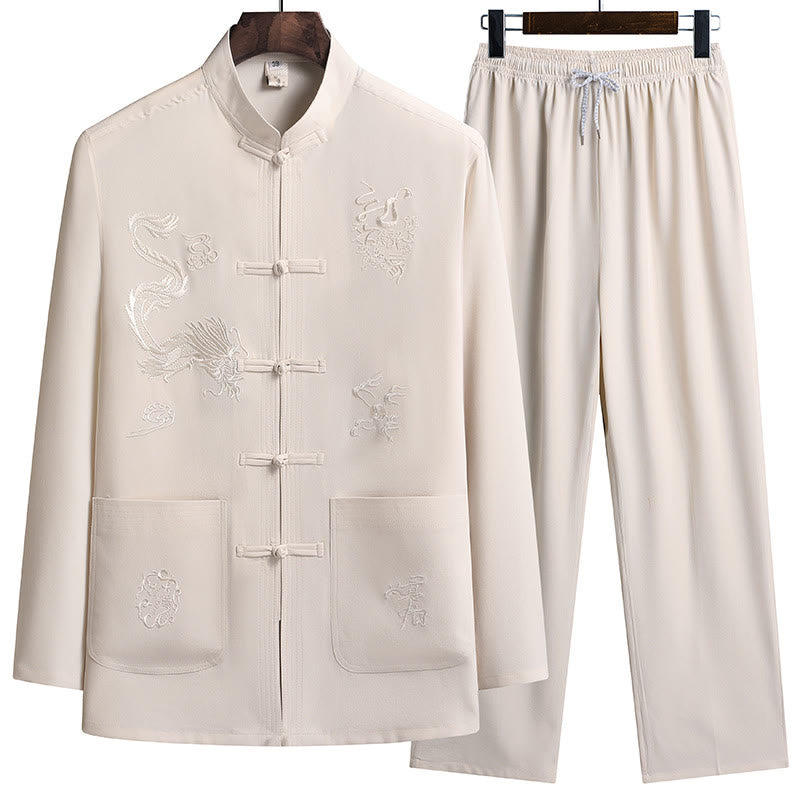 Costume Tang brodé de dragon et de grenouille pour homme, ensemble haut à manches longues et pantalon, style Hanfu , Nouvel An chinois - Verge d'or claireJaune - US/UK/AU44，EU54 (4XL) - image 17