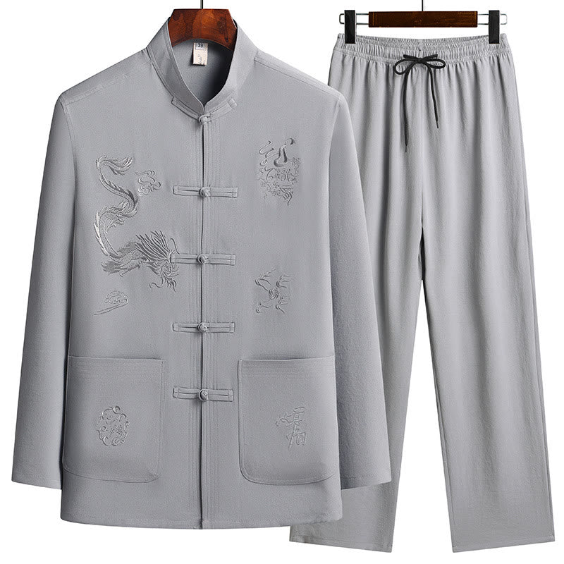 Costume Tang brodé de dragon et de grenouille pour homme, ensemble haut à manches longues et pantalon, style Hanfu , Nouvel An chinois - Gris foncé - US/UK/AU44，EU54 (4XL) - image 10