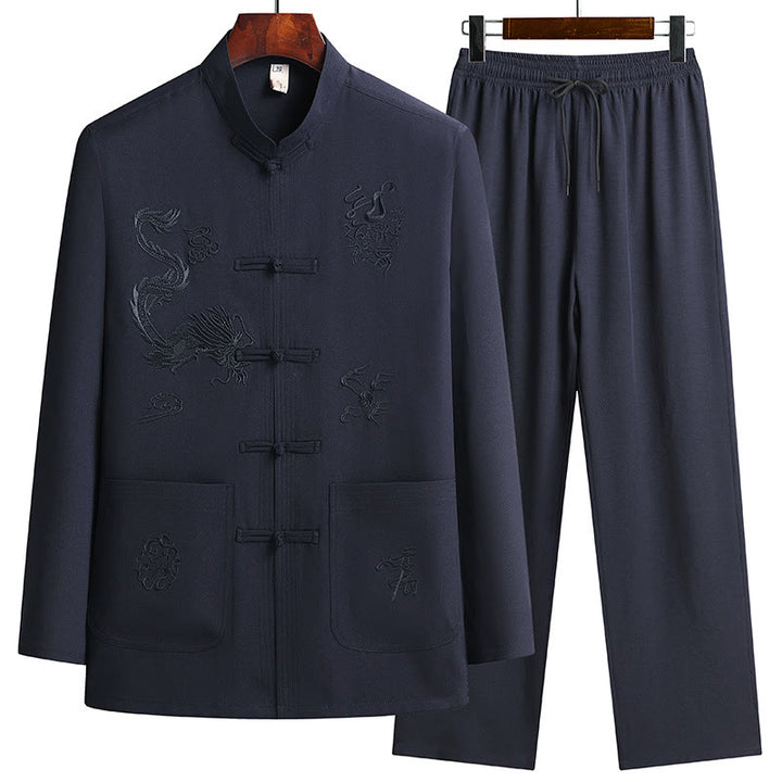 Costume Tang brodé de dragon et de grenouille pour homme, ensemble haut à manches longues et pantalon, style Hanfu , Nouvel An chinois - Bleu foncé - US/UK/AU44，EU54 (4XL) - image 8