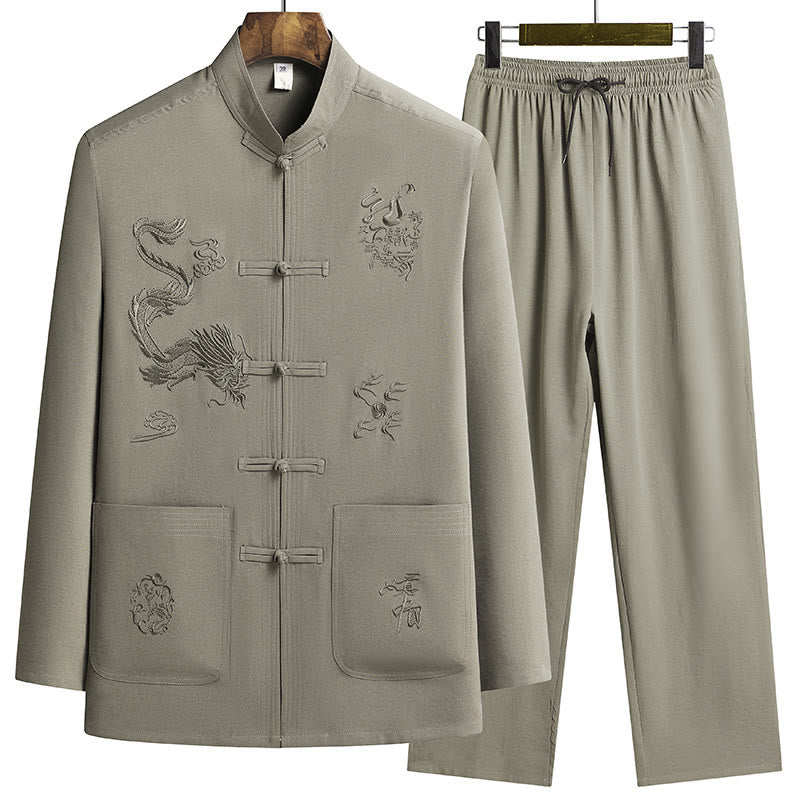 Costume Tang brodé de dragon et de grenouille pour homme, ensemble haut à manches longues et pantalon, style Hanfu , Nouvel An chinois - JauneVert - US/UK/AU44，EU54 (4XL) - image 19